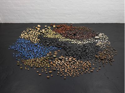 Kate Newby, you run it (2021). Assorted clay, collected broken glass. Dimensions variable.