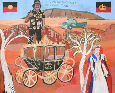 Vincent Namatjira, The Royal Tour (Vincent and Elizabeth on Country) (2022). Acrylic on linen. 198 x 244 cm.