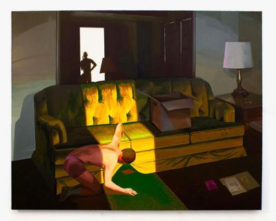 Jacob Todd Broussard, Residuary Estate (2023). Acrylic and flashe on wood panel. 48 x 60 x 1 inches.