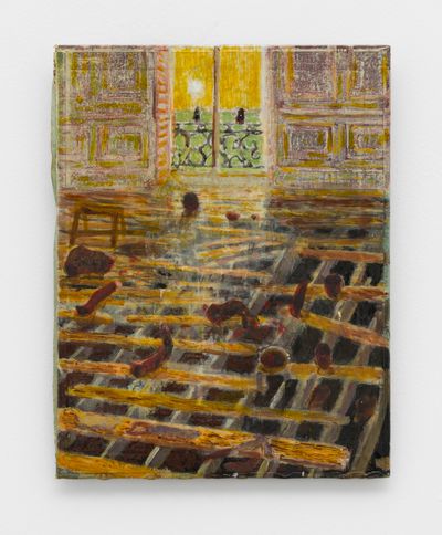 Andrew Cranston, The Apartment (Tell-tale heart) (2024). Oil on hardback book cover. 24.5 x 19 x 2.5 cm.