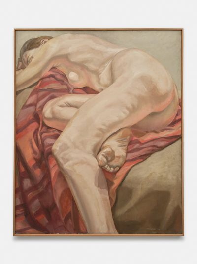 Philip Pearlstein, Reclining Model on Striped Cloth (1966). Oil on canvas. 111.8 x 91.4 cm (framed).