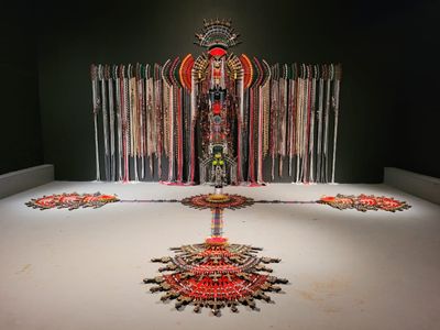 Anne Samat, Cannot Be Broken and Won't Live Unspoken (2022). Rattan sticks, kitchen and garden utensils, beads, ceramic, metal and plastic ornaments. Wall panel: 365.75 x 731.5 x 61 cm, floor: 609.5 x 609.5 cm.
