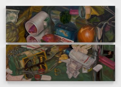 Chloe Wise, An ideal pebble, a perfect pond (2024). Oil on linen. Diptych: 121.9 x 182.9 cm.