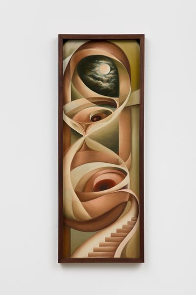 Charlotte Edey, Bloodshot Blood Moon (2024). Soft pastel on sanded paper, three-panel sapel frame. 124 x 47 x 4 cm.