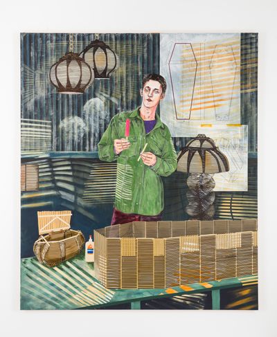 Hernan Bas, Conceptual artist #23 (Popsicle stick sculptor; a purist, he consumes his materials in devotion to his craft, leading to his inevitable last work) (2023). Acrylic and pencil on linen. 213 x 152.4 x 3.3 cm.