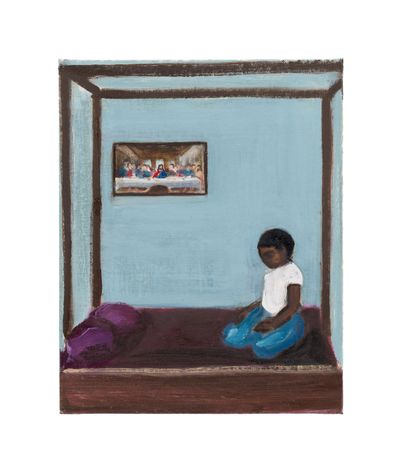 Matthew Krishanu, Boy on Bed (Last Supper) (2023). Oil on board. 25 x 20cm. Photo: Peter Mallet.
