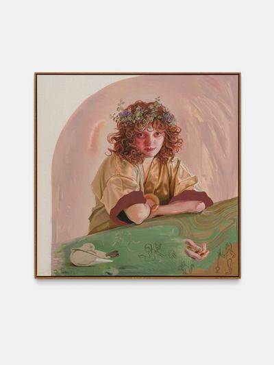 Kati Heck, Dr. Putti II (Deal für ‘s Morgenrot) (2024). Oil on canvas, artist frame with metal plate. 120 x 120 cm.