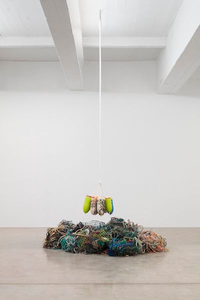 Karyn Olivier, How Many Ways Can You Disappear (2021) (detail). Potwarp; lobster traps; buoys washed ashore on Matinicus Island, Maine; and rope reproduced in salt. 454.7 x 248.9 x 185.4 cm. © Karyn Olivier.
