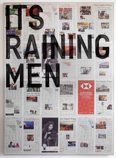 Rirkrit Tiravanija, untitled 2018 (its raining men, LA Times, December 2017) (2017). Enamel paint on newspaper mounted on linen. 175cm x 175cm.