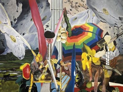 Rodel Tapaya, Rainbow Umbrella (2021). Oil on canvas. 182.88 × 243.84 cm.