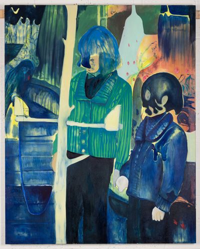 Alexis Soul-Gray, Two children and a chained parrot (2023). Oil on canvas. 200 x 160 cm.