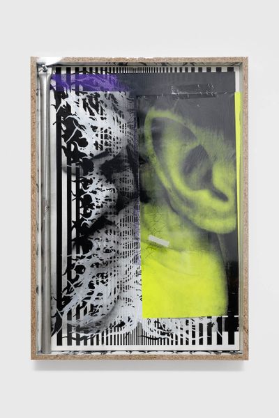 A black and green photograph of an ear is overlaid with collaged elements, including black and white striped paper.