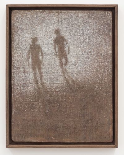 A speckled, faded white outline of two figures walking into the distance is painted on a brown background.