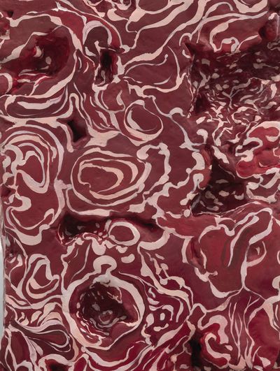 Red and white paints resembling the texture of meat marbling, detail shot of artist Adriana Varejão's artwork entitled Talavera Meat Ruin II, oil paint on aluminium and polyurethane 