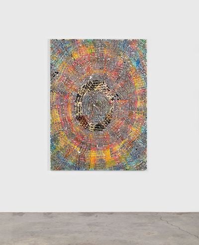 Mindy Shapero, Scar of Midnight Portal, one eye blur (2021). Acrylic, spray paint, gold and silver leaf on linen.152.7 x 112.1 x 3.8 cm.