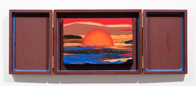 Hilarie Hon, Sunlight Murmur VII (2021). Oil on plywood box, acrylic and oil on canvas. 20 x 30; 28 x 38 x 9.7 cm.