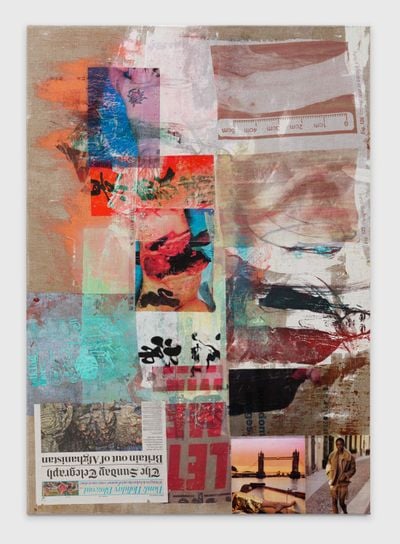 Mandy El-Sayegh, Blessings (2021). Silkscreened oil on linen, acrylic, calligraphy and collaged elements. 140 x 98 cm.