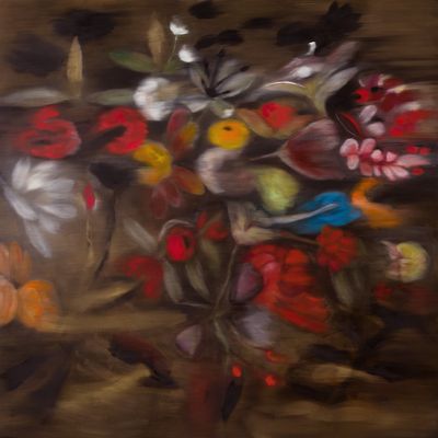 A bouquet of flowers is painted against a brown background and smudged, so that the entire image appears blurred.