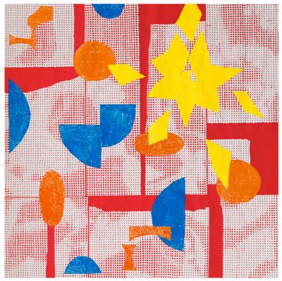 A red, yellow, blue and white abstract tapestry work, showcasing geometric forms in bold shades of colour.