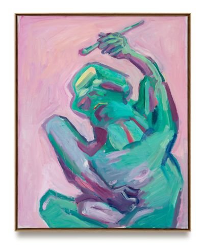 Maria Lassnig, Die grüne Malerin (The Green Paintress) (2000). Oil on canvas. 124.6 x 100.2 cm. Framed dimensions: 128.1 x 103.6 cm. © Maria Lassnig Foundation.