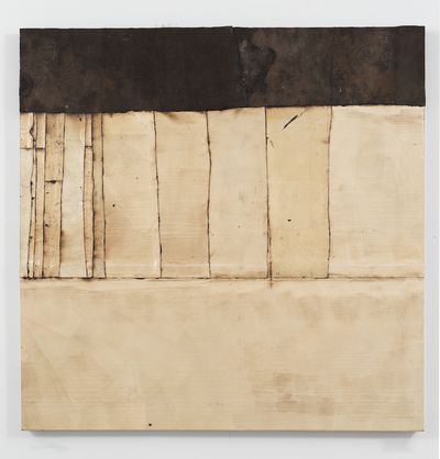 Theaster Gates, White Line Drawing (2020). Industrial oil-based enamel, rubber torch down, bitumen, wood, and copper, 213.4 x 213.4 cm. © Theaster Gates. Photo: Robert McKeever.