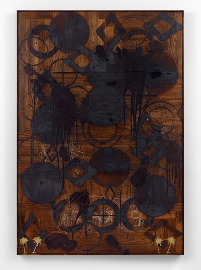 Rashid Johnson, Untitled (2011). Branded red oak flooring, black soap, wax. 193 x 132 x 10 cm.