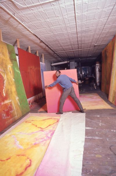 Frank Bowling in his studio at 535 Broadway Studio, c. 1971. Photographer unknown.