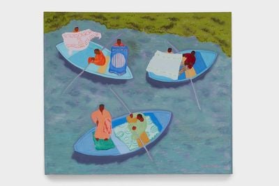 March Avery, Floating Salesmen (2006). Oil on canvas. 121.92 x 142.24 x 3.175 cm. © March Avery.