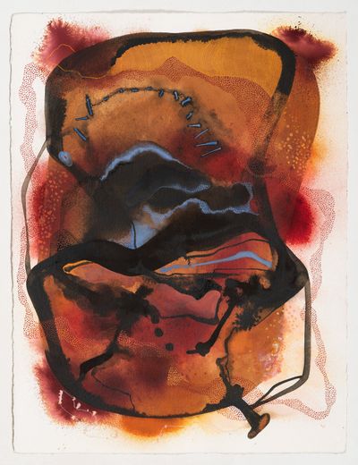 Manisha Parekh, Mustard Dream-2 (2021). Tea stain, sumi ink, ink and watercolour on Arches paper. Unframed: 76.2 x 57.1 cm. Framed: 98 x 79 x 4 cm (with frame).