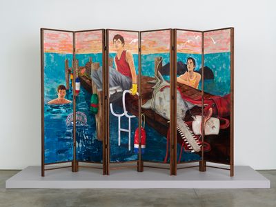 Hernan Bas, The Day's Catch (2021). Six panel folding screen, acrylic and silver leaf on linen mounted in a birch-wood frame with fabric backing. 182.9 x 274.3 cm.