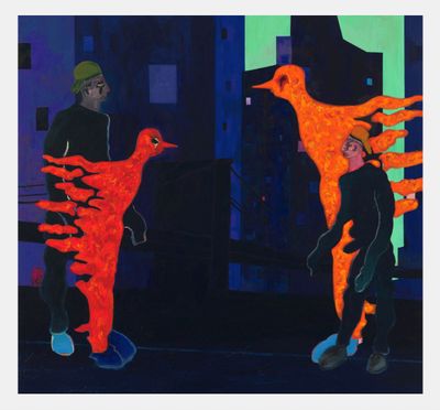 Florian Krewer, Firebirds (2021). Oil on linen. 280 x 302.5 cm.