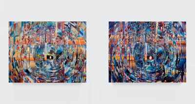 Sarah Sze, Focus at Dawn and Dusk (2021). Oil paint, acrylic paint, acrylic polymers, ink, aluminum, diabond and wood. 40.6 x 50.8 cm (each panel).