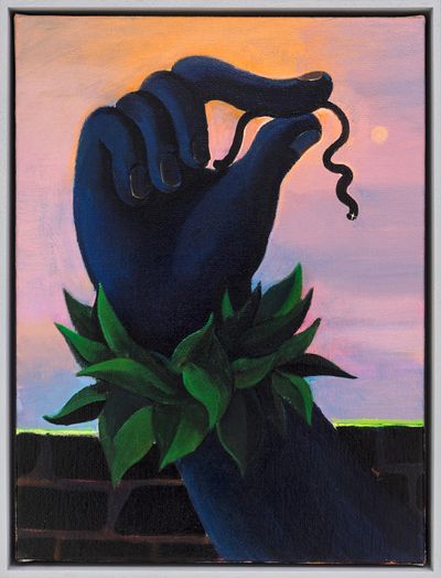 A dark-blue coloured hand with two fingers holding a black hue worm against a pink sunset background, painted by Cai Zebin