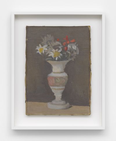 An oil painting on canvas with a few flowers in a white decorative vase by Giorgio Morandi.