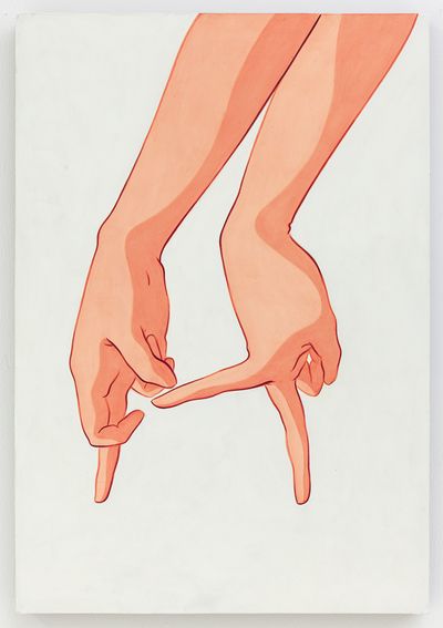 A simple acrylic on canvas painting, illustrating two arms stretching down from right to left-hand corner with fingers stretched out, by Ivy Haldeman titled Double Hands Finger Extend 