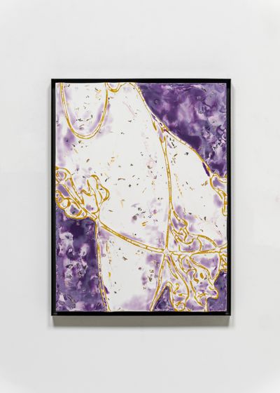 An abstract acrylic painting by Lee Bul using purple tones and gold velvet laces surrounding a white matter across the entire surface.