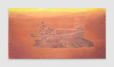 Hazy orange-hue oil painting on canvas depicting a ship vessel titled Venedig by Luc Tuymans