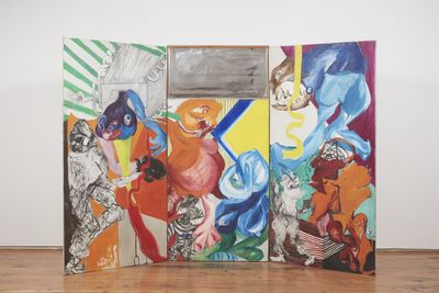 Jacqueline de Jong, Le Salo et les Salopards (Bastards and Scumbags) (1966). Acrylic on canvas, plastic mirror and wooden frame. Collection les Abattoirs, Musée-Frac Occitanie Toulouse.