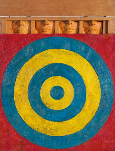 Jasper Johns, Target with Four Faces (1955). Encaustic and collage on canvas with objects. 75.6 × 66 cm. The Museum of Modern Art, New York; gift of Mr. and Mrs. Robert C. Scull 8.1958. © 2021 Jasper Johns / Licensed by VAGA at Artists Rights Society (ARS), NY. Photograph by Jamie Stukenberg, Professional Graphics, Rockford, Illinois.