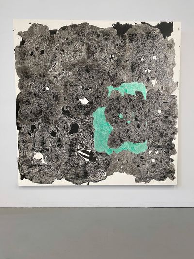 Arnold J. Kemp, Happy House (2021). Graphite, ink, acrylic, and aluminium foil on canvas.