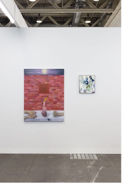 Left to right: Kiarash Khazai, Full Moon (2021). Oil on canvas. 160 x 111 cm; Untitled (2019). Oil on cardboard in artist-made aluminium frame. Exhibition view: LISTE, Basel (20–26 September 2021).