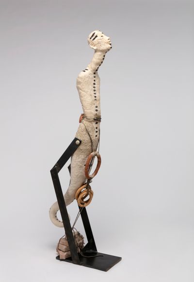 Rose B. Simpson, Sip A (2022). Ceramic, glaze, twine, steel, flagstone, grout, and hardware. 167.6 x 45.7 x 55.9 cm.