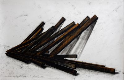 Bernar Venet, Acute Angles - Collapse (2021). Collage and oil stick on paper. 120 x 184 cm.