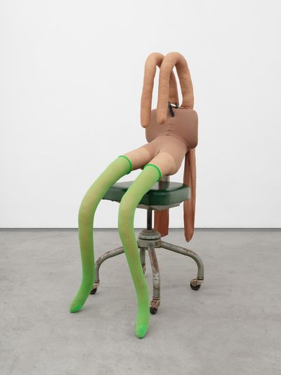 Sarah Lucas, Bunny Gets Snookered #13 (2019). Tights, plastic, wood, chrome chair, clamp, kapok, and wire. 117 x 50 x 80 cm.