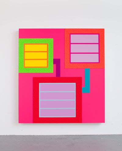 Peter Halley, Law of Attraction (2021). Acrylic, fluorescent acrylic and Roll-A-Tex on canvas. 167 .6 x 152.4 cm.