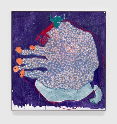 Portia Zvavahera, Whose hand? (2021). Oil based printing ink and oil bar on linen. Unframed: 197.8 x 186.7 cm; Framed: 201.3 x 190.2 x 7.9 cm. Signed and dated recto.