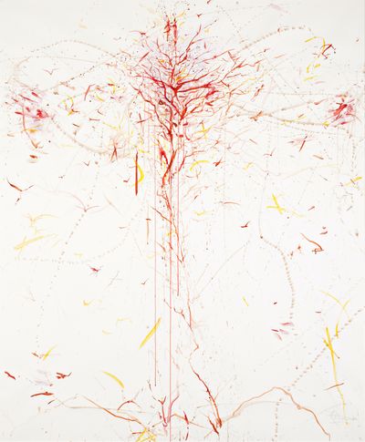 Rebecca Horn, Der Blutbaum (2011). Acrylic paint, pencil on paper. 181 x 150 cm.