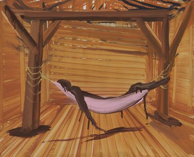 Tala Madani, Shit Mom (Hammock) (2021). Oil on linen. 43.2 x 53.3 x 2.5 cm.