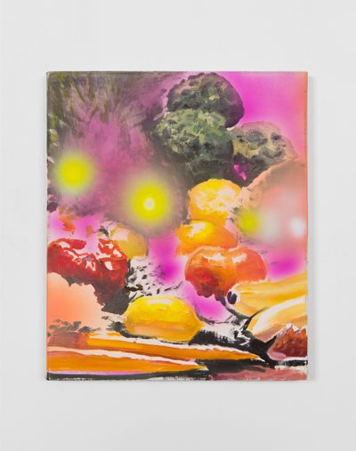 An abstract painting by Van Hanos features pink and yellow hues, with bananas, a pepper, and lemon in the bottom part of the painting and circles of pink and yellow spray paint on top.