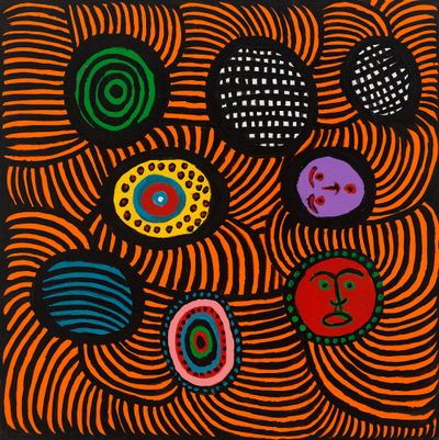 A painting of swirling orange and black lines, with circles at the centre, some of them containing faces.